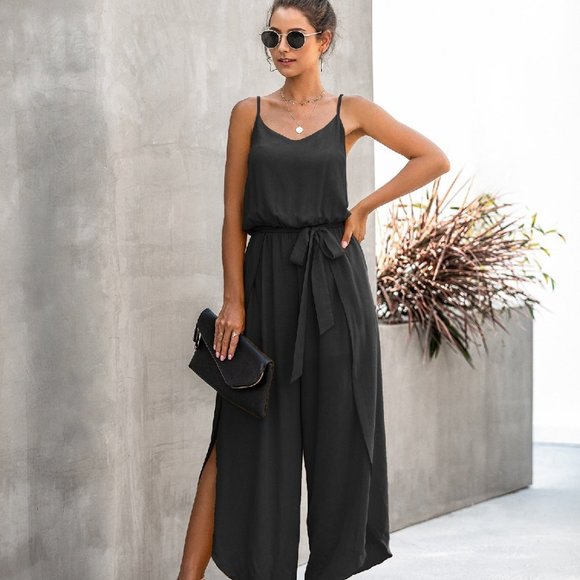 Spaghetti Strap Wide Leg Jumpsuit (Black) - Picture 2 of 2